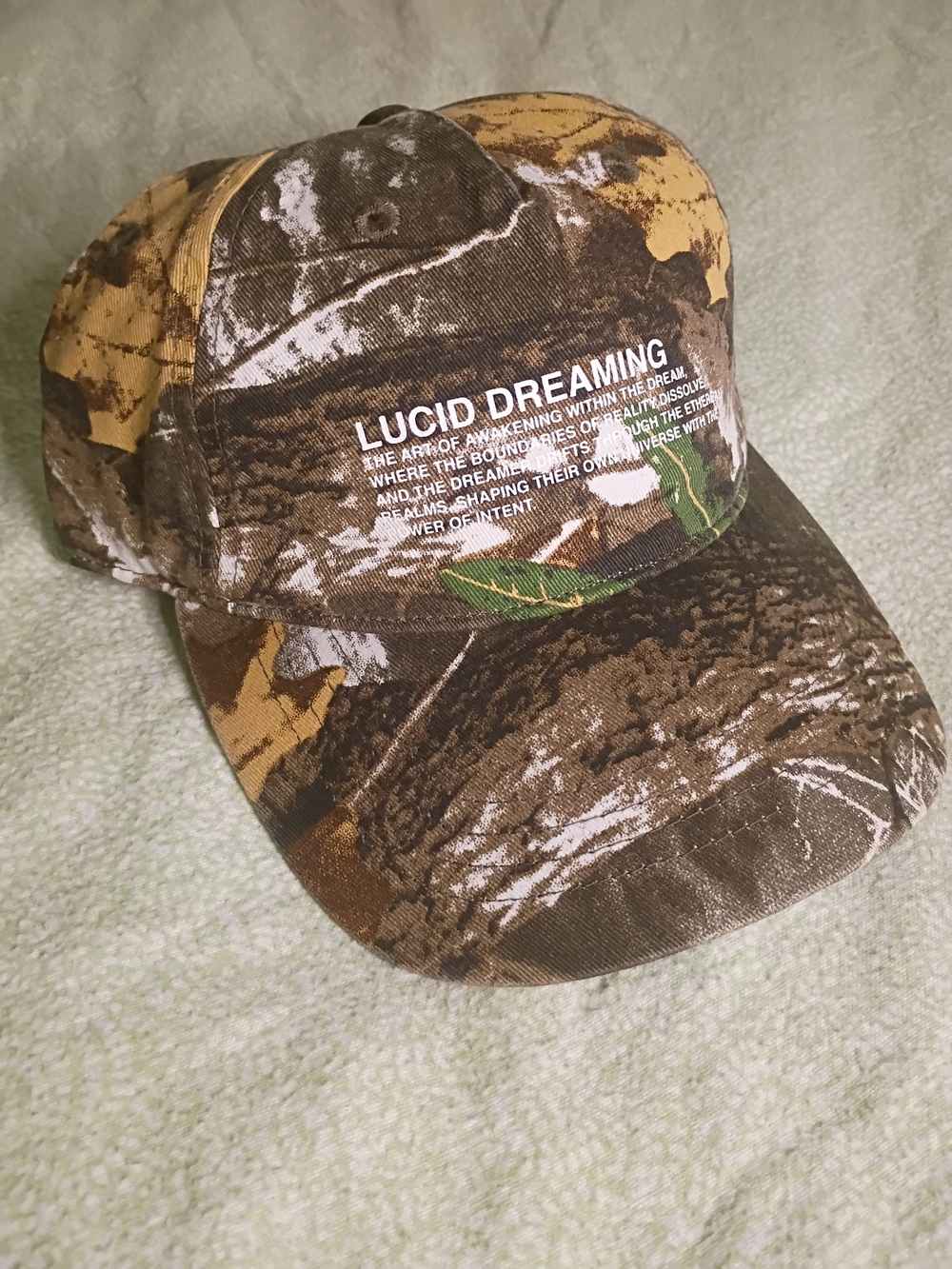 Men's Camouflage Baseball Cap with "Lucid Dreaming" Print - Brown/Green